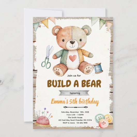 Build-A-Stuffy Birthday party Invitation (Devant)