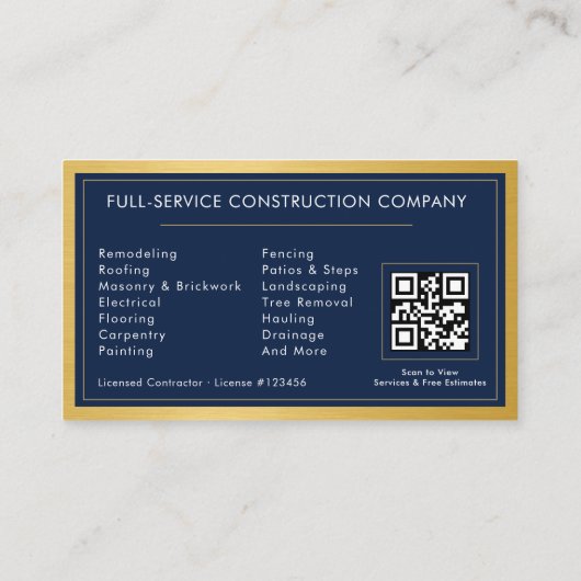 Building Construction Navy Blue Gold Metal QR Code Visitekaartje (Achterkant)