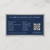 Building Construction Navy Blue Metal QR Code Visitekaartje (Achterkant)