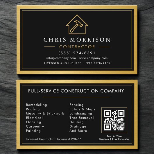 Building Contractor Black Gold Metal QR Code Visitekaartje