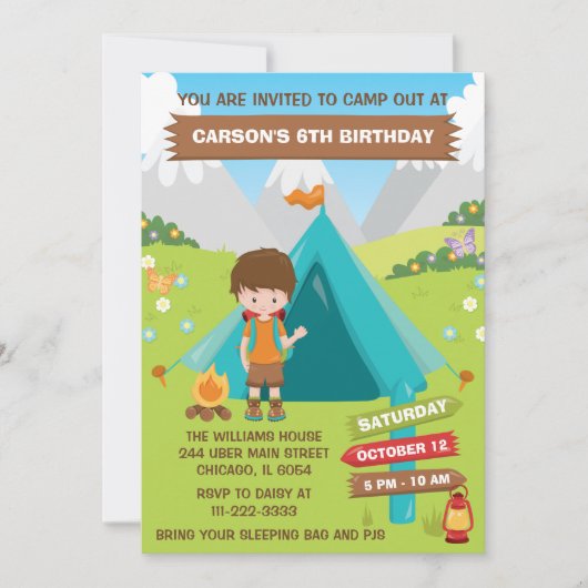 Buiten Camping Birthday Party Brown Hair Boy Inv Kaart (Voorkant)
