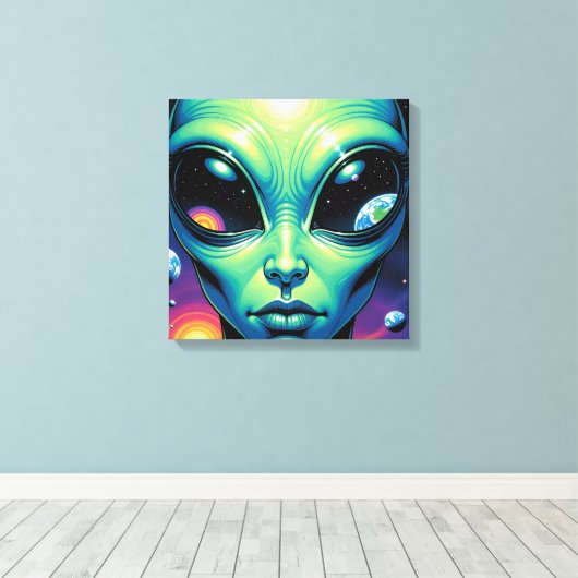 Buitenaards gezicht met planeten en reflecties in  canvas afdruk (Insitu (Houten vloer))
