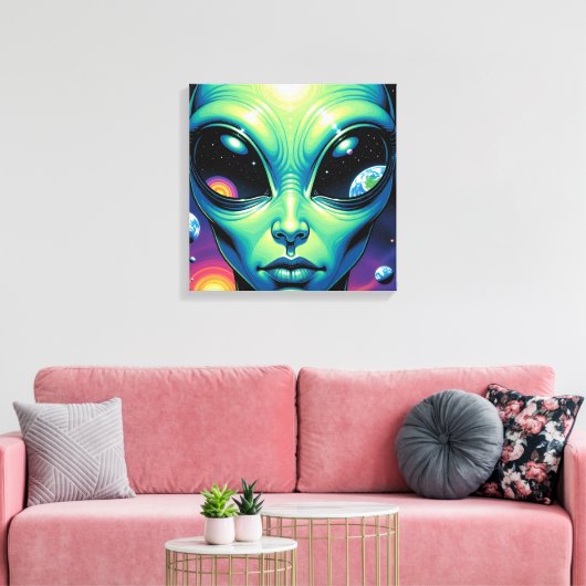 Buitenaards gezicht met planeten en reflecties in  canvas afdruk (Insitu (Woonkamer))