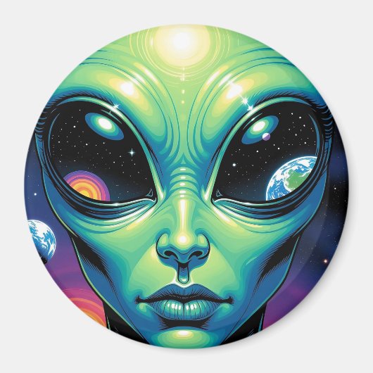 Buitenaards gezicht met planeten en reflecties in  magneet (Voorkant)