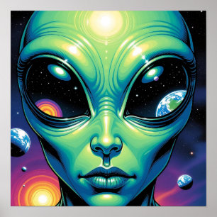 Buitenaards gezicht met planeten en reflecties in  poster