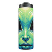 Buitenaards gezicht met planeten en reflecties in  thermosbeker (Voorkant)