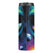 Buitenaards gezicht met planeten en reflecties in  thermosbeker (Achterkant)