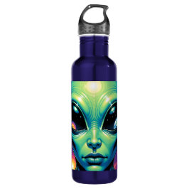 Buitenaards gezicht met planeten en reflecties in waterfles