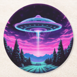 Buitenaards ruimteschip retro futuristisch ronde kartonnen onderzetter