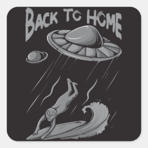 buitenaards surfende illustratie met thuis vierkante sticker