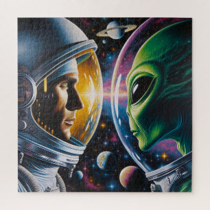 Buitenaards wezen en astronaut in de ruimte legpuzzel