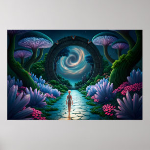 Buitenaards wezen loopt naar een Stargate op een v Poster