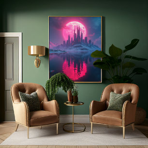 Buitenaardse retro-futuristische stad met neon roz perfect poster