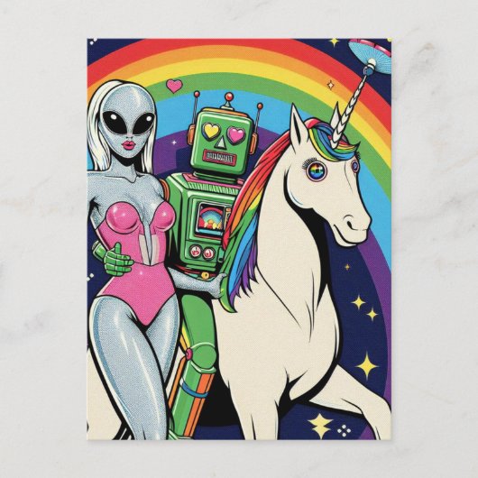 Buitenaardse vrouw en groene robot verliefd op een briefkaart (Voorkant)