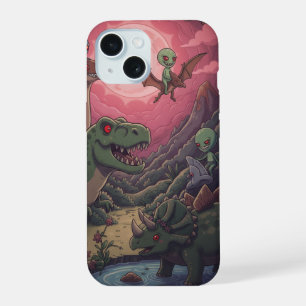 Buitenaardse wezens en dinosauriërs onder karmozij iPhone 15 hoesje