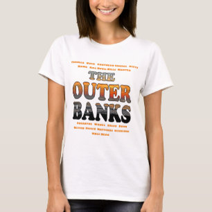Buitenbanken Sunrise Tekst en steden OBX T-shirt