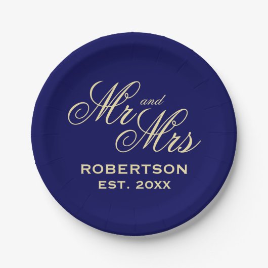 Buitengewone chique marine blauw en crème bruiloft papieren bordje (Voorkant)