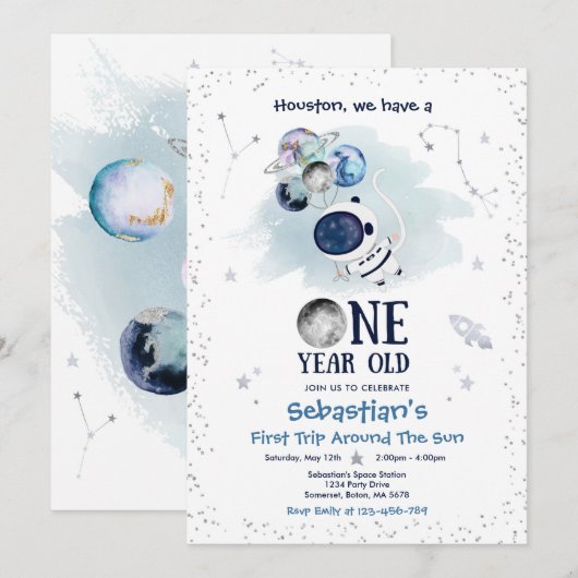 Buitenruimte 1e verjaardag Astronaut Rocket Kaart (Voorkant / Achterkant)