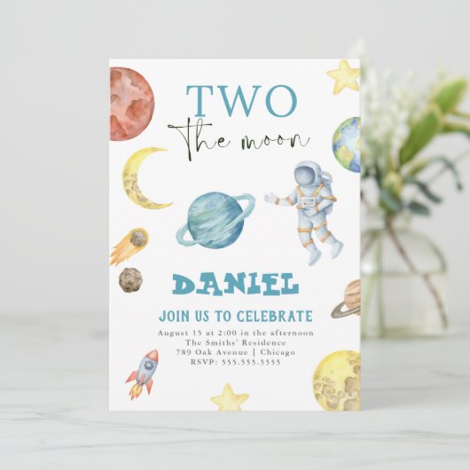 Buitenruimte Planeten 2e verjaardag uitnodiging (Staand voorkant)