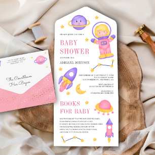 Buitenruimte Schattig Roze Meisje Astronaut Babyfe All In One Uitnodiging