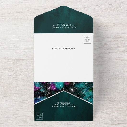Buitenruimte Universe Blauwgroen rode roze melkweg All In One Uitnodiging (Buitenkant)