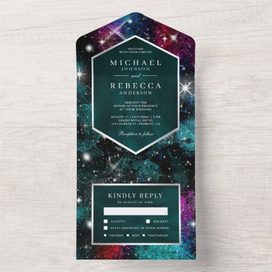 Buitenruimte Universe Blauwgroen rode roze melkweg All In One Uitnodiging (Binnen)