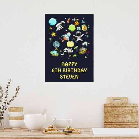 Buitenruimteastronauten en Rockets Pattern Birthda Poster (Keuken)