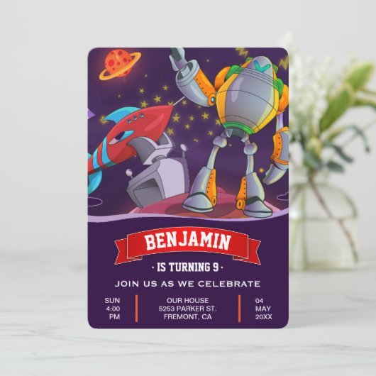 Buitenruimteraketten Robot Birthday Uitnodiging (Staand voorkant)