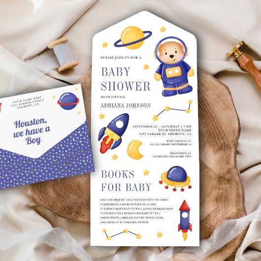 Buitenruimtetuig Teddy Bear Astronaut Baby shower All In One Uitnodiging