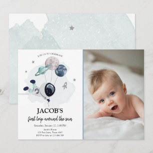 Buitenruimtetuunaut blauw jongetje eerste verjaard kaart