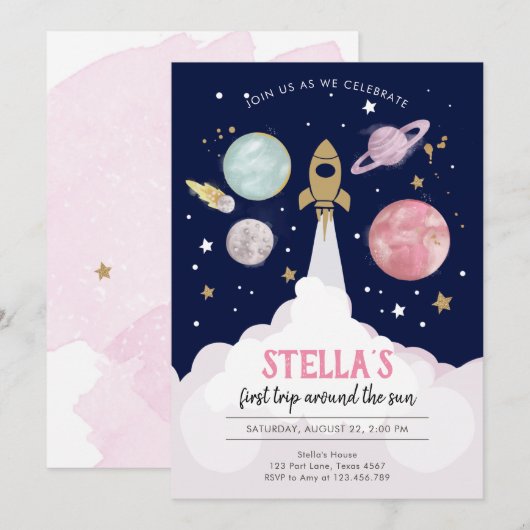 Buitenruimtevaartplanetenmeisje Eerste verjaardag Kaart (Voorkant / Achterkant)