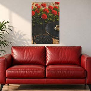 Buitenscène café met rode geraniums canvas afdruk