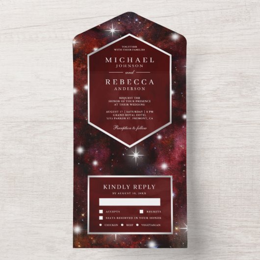 Buitenspatie Universum Maroon Red Galaxy Weddensch All In One Uitnodiging (Binnen)
