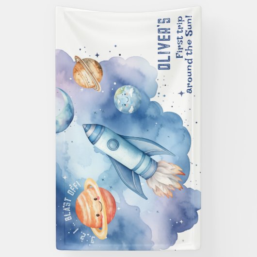Buitenste ruimte Rocket Ship Boy verjaardagsfeestj Spandoek (Verticaal)