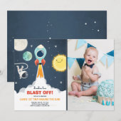 Buitenste Ruimteschip Boy 1e verjaardag Uitnodigin Kaart (Voorkant / Achterkant)