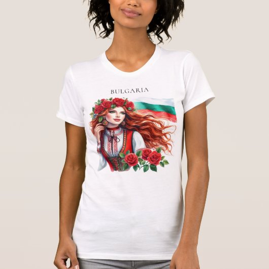 Bulgaarse Vlag Traditie Folklore Vrouw Rode Rozen T-shirt (Voorkant)
