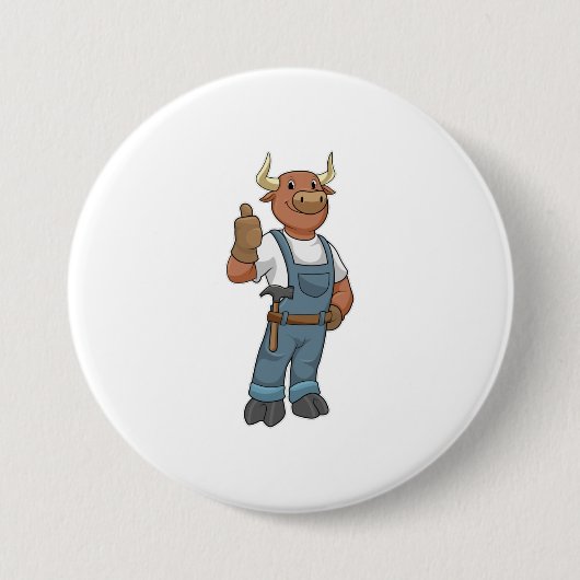 Bull as Handyman with Hammer Ronde Button 7,6 Cm (Voorkant)