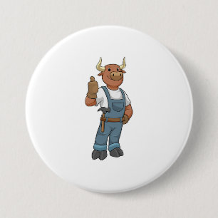 Bull as Handyman with Hammer Ronde Button 7,6 Cm