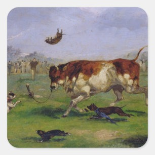 Bull Baiting (olie op papier op het paneel) Vierkante Sticker