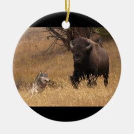 Bull Bison en Wolf Keramisch Ornament