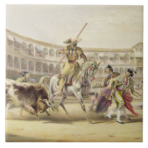 Bull Charging a Picador, 1865 (kleurenlitho) Tegeltje