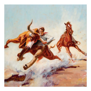“Bull Dogger” Westerse kunst van Will James Foto Afdruk
