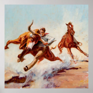 “Bull Dogger” Westerse kunst van Will James Poster