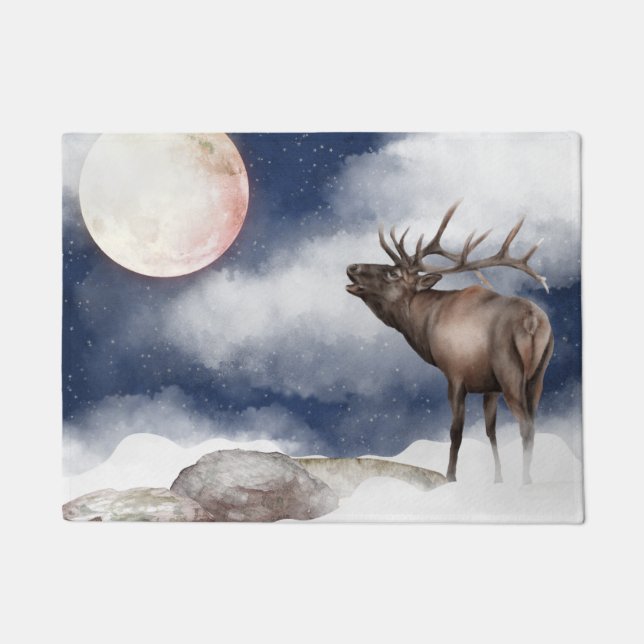 Bull Elk Bugling bij het volledige Moon-gebergte Deurmat (Voorkant)