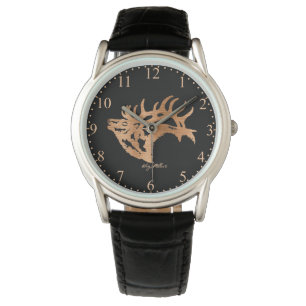 Bull Elk Wood Silhouette Horloge