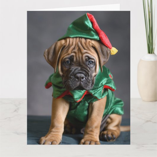 Bull Mastiff Elf Puppy Kerst Kaart (Voorkant)