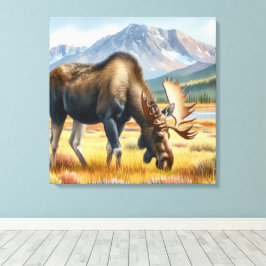 Bull Moose Grazing in Alaska Waterverf Canvas Afdruk