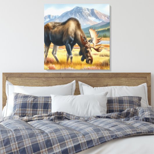 Bull Moose Grazing in Alaska Waterverf Canvas Afdruk (Insitu (Slaapkamer))