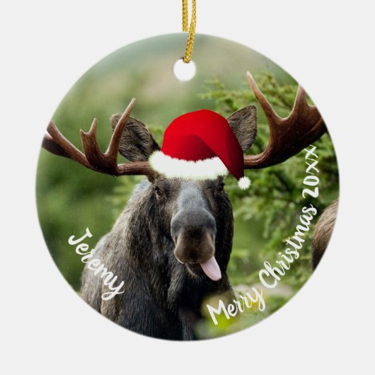 Bull Moose in Santa Hat Ceramic Ornament (Voorkant)