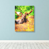 Bull Moose Laying Down Waterverf Paint Wildlife Canvas Afdruk (Insitu (Houten vloer))